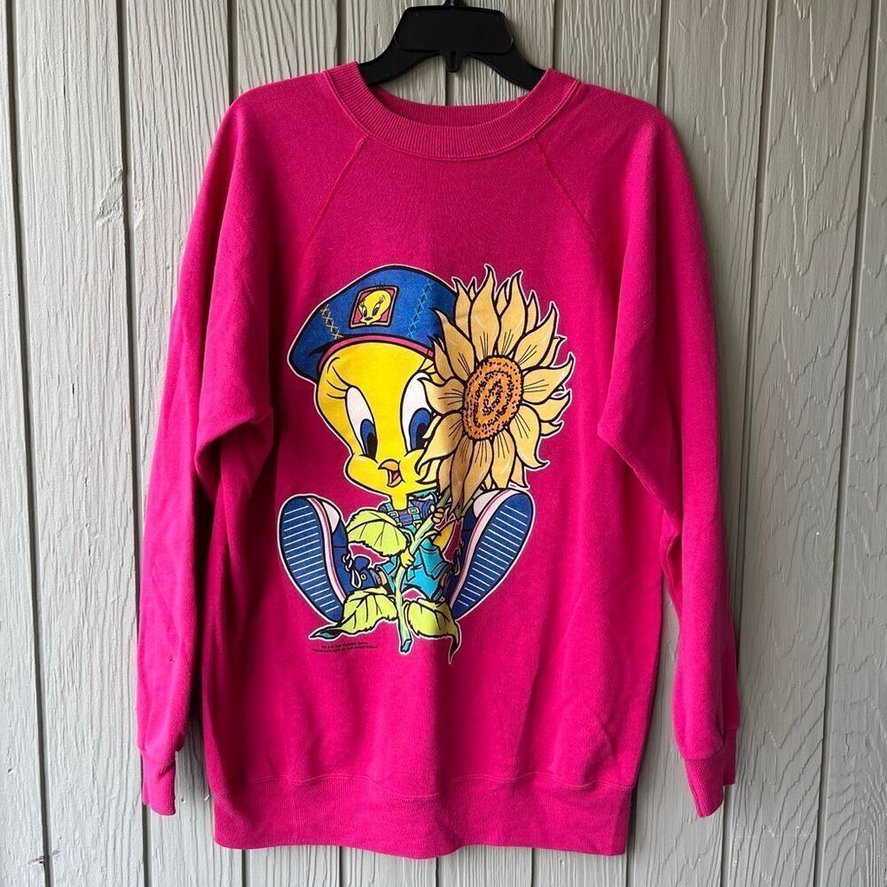 VTG 1995 Looney Tunes Tweety Sunflower Graphic Sweater USA L Sun Sportswear